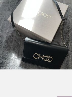Jimmy Choo Black Leather Shoulder Bag with Silver Logo Chain